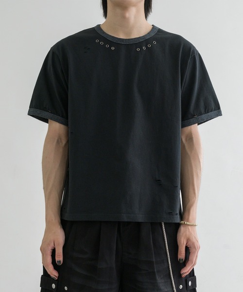 EPNK(イーピーエヌケー)の「【EPNK】Eyelet damage ringer Tee / アイレットダメージリンガーTee(Tシャツ/カットソー・メンズ・杢グレー/ブラック・SMALL/MEDIUM/LARGE)」の14枚目の写真