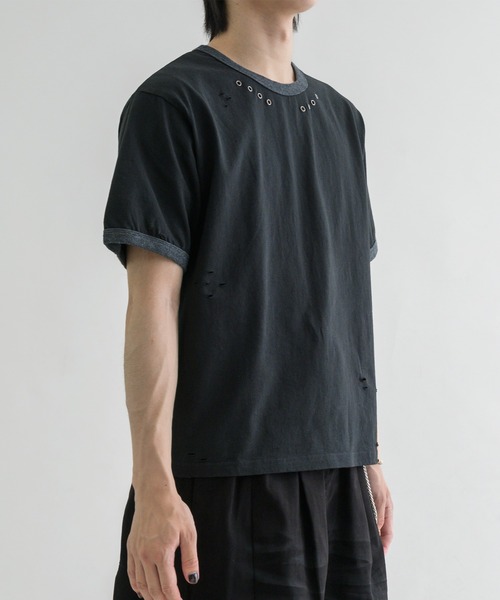 EPNK(イーピーエヌケー)の「【EPNK】Eyelet damage ringer Tee / アイレットダメージリンガーTee(Tシャツ/カットソー・メンズ・杢グレー/ブラック・SMALL/MEDIUM/LARGE)」の18枚目の写真