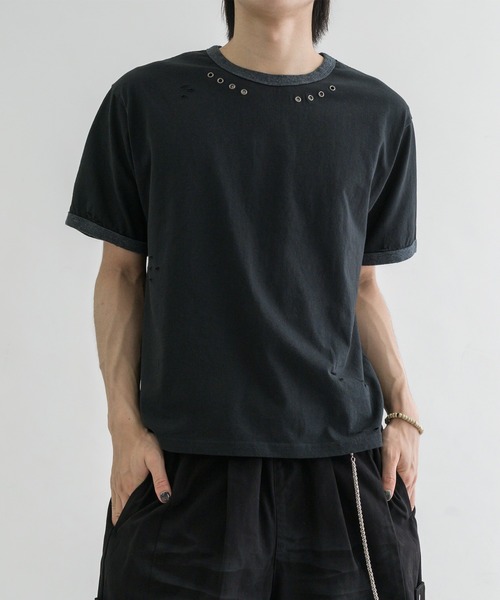 EPNK(イーピーエヌケー)の「【EPNK】Eyelet damage ringer Tee / アイレットダメージリンガーTee(Tシャツ/カットソー・メンズ・杢グレー/ブラック・SMALL/MEDIUM/LARGE)」の15枚目の写真