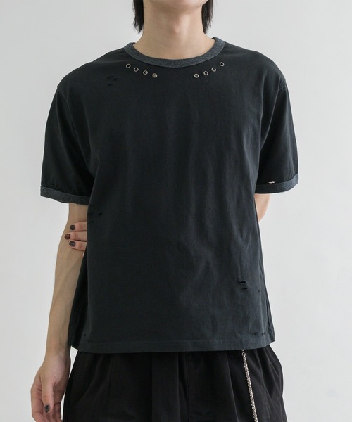 EPNK(イーピーエヌケー)の「【EPNK】Eyelet damage ringer Tee / アイレットダメージリンガーTee(Tシャツ/カットソー・メンズ・杢グレー/ブラック・SMALL/MEDIUM/LARGE)」の16枚目の写真