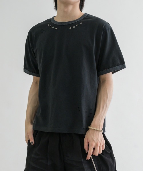 EPNK(イーピーエヌケー)の「【EPNK】Eyelet damage ringer Tee / アイレットダメージリンガーTee(Tシャツ/カットソー・メンズ・杢グレー/ブラック・SMALL/MEDIUM/LARGE)」の17枚目の写真