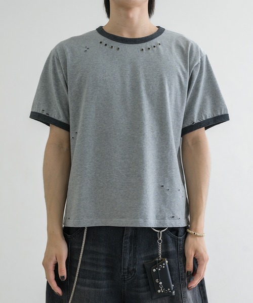 EPNK(イーピーエヌケー)の「【EPNK】Eyelet damage ringer Tee / アイレットダメージリンガーTee(Tシャツ/カットソー・メンズ・杢グレー/ブラック・SMALL/MEDIUM/LARGE)」の4枚目の写真
