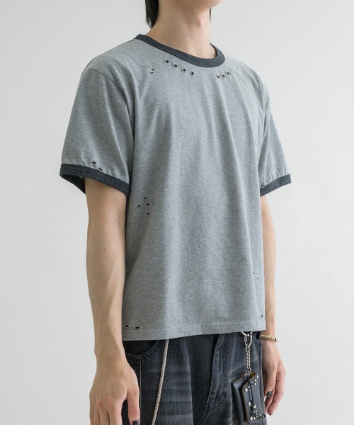 EPNK(イーピーエヌケー)の「【EPNK】Eyelet damage ringer Tee / アイレットダメージリンガーTee(Tシャツ/カットソー・メンズ・杢グレー/ブラック・SMALL/MEDIUM/LARGE)」の5枚目の写真