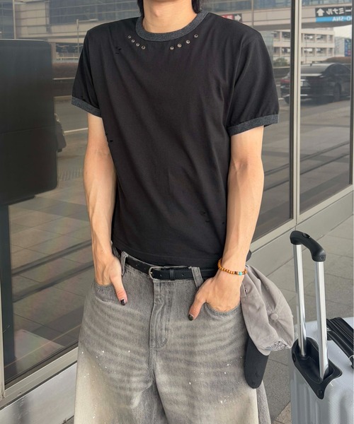 EPNK(イーピーエヌケー)の「【EPNK】Eyelet damage ringer Tee / アイレットダメージリンガーTee(Tシャツ/カットソー・メンズ・杢グレー/ブラック・SMALL/MEDIUM/LARGE)」の6枚目の写真