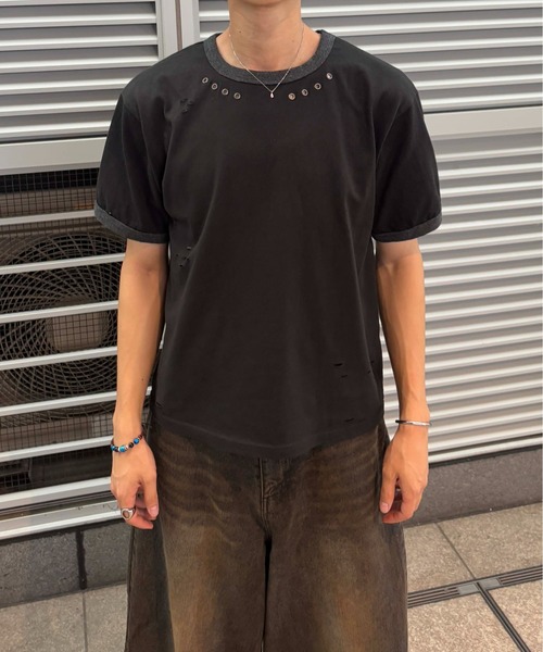 EPNK(イーピーエヌケー)の「【EPNK】Eyelet damage ringer Tee / アイレットダメージリンガーTee(Tシャツ/カットソー・メンズ・杢グレー/ブラック・SMALL/MEDIUM/LARGE)」の9枚目の写真