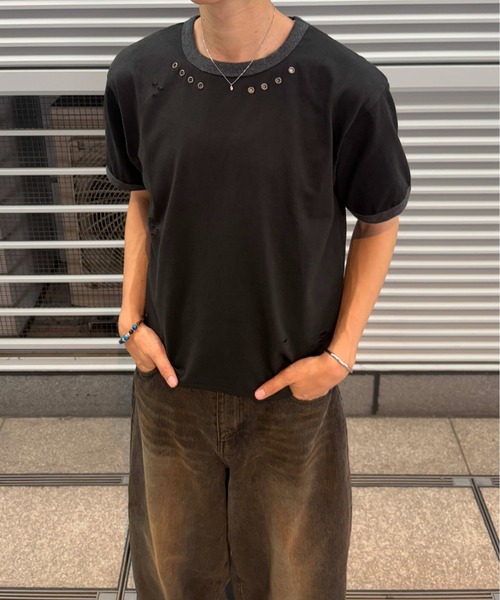 EPNK(イーピーエヌケー)の「【EPNK】Eyelet damage ringer Tee / アイレットダメージリンガーTee(Tシャツ/カットソー・メンズ・杢グレー/ブラック・SMALL/MEDIUM/LARGE)」の10枚目の写真