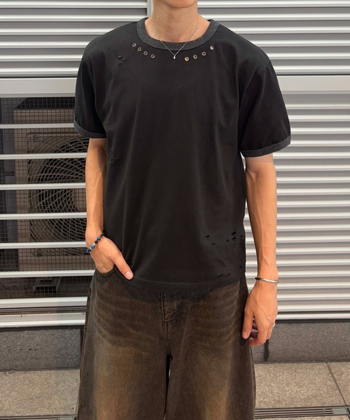 EPNK(イーピーエヌケー)の「【EPNK】Eyelet damage ringer Tee / アイレットダメージリンガーTee(Tシャツ/カットソー・メンズ・杢グレー/ブラック・SMALL/MEDIUM/LARGE)」の11枚目の写真