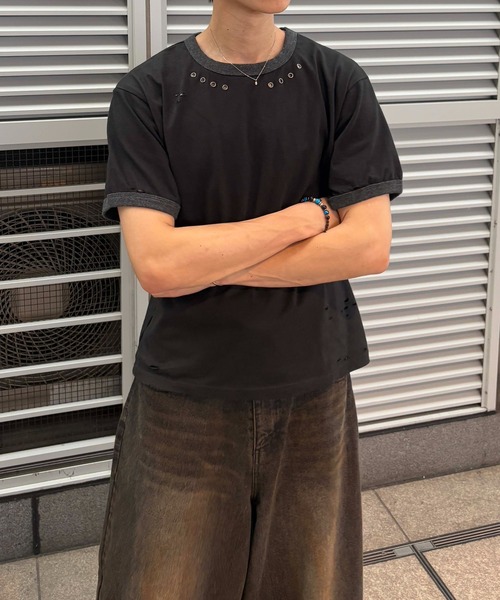 EPNK(イーピーエヌケー)の「【EPNK】Eyelet damage ringer Tee / アイレットダメージリンガーTee(Tシャツ/カットソー・メンズ・杢グレー/ブラック・SMALL/MEDIUM/LARGE)」の12枚目の写真