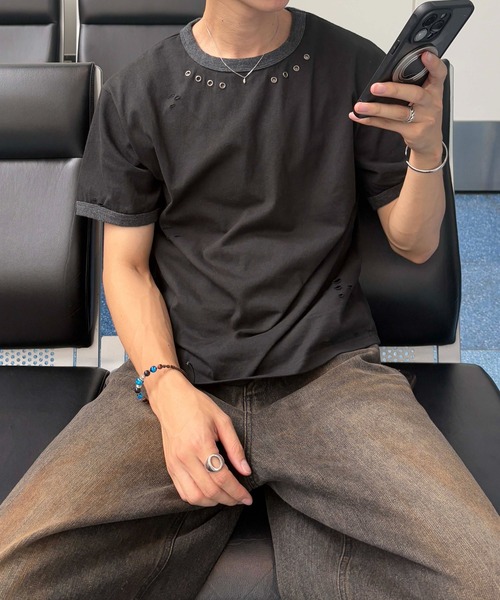 EPNK(イーピーエヌケー)の「【EPNK】Eyelet damage ringer Tee / アイレットダメージリンガーTee(Tシャツ/カットソー・メンズ・杢グレー/ブラック・SMALL/MEDIUM/LARGE)」の7枚目の写真