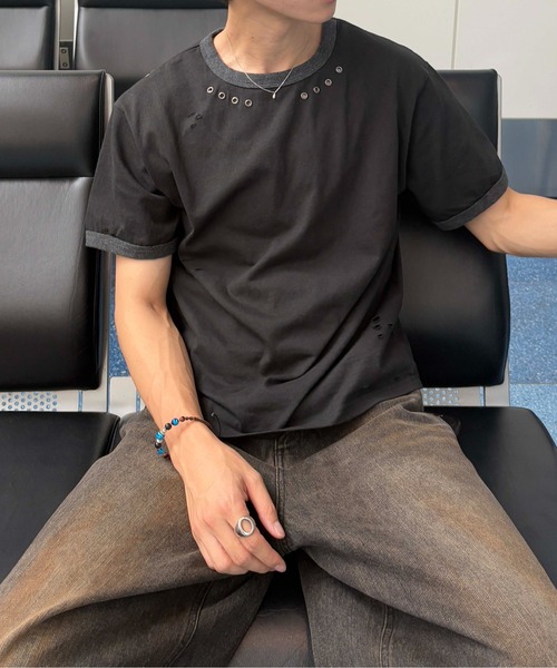 EPNK(イーピーエヌケー)の「【EPNK】Eyelet damage ringer Tee / アイレットダメージリンガーTee(Tシャツ/カットソー・メンズ・杢グレー/ブラック・SMALL/MEDIUM/LARGE)」の8枚目の写真
