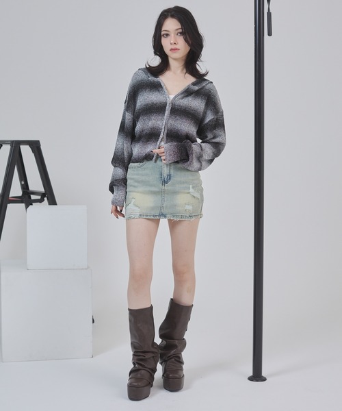 ENVYM（アンビー）の「グラデーションボーダーニットフーディー（カーディガン/ボレロ・レディース・ブラック/ネイビー/ブラウン・FREE）」の6枚目の写真