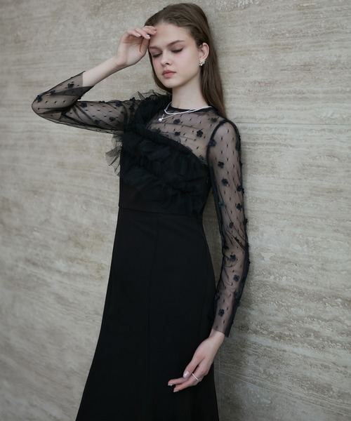 LEJA】フラワーモチーフアシンメトリーチュールマーメイド