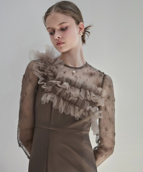 LEJA フラワーモチーフアシンメトリーチュールマーメイドワンピースドレス LEJA】フラワーモチーフアシンメトリーチュールマーメイド