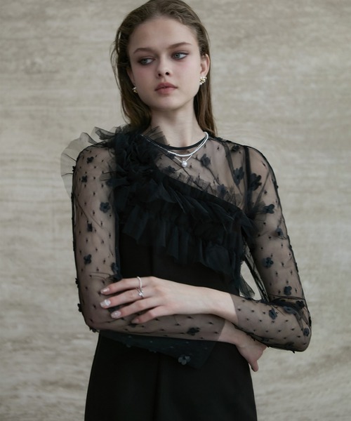 Leja フラワーモチーフアシンメトリーチュールマーメイドワンピースドレス LEJA】フラワーモチーフアシンメトリーチュールマーメイド