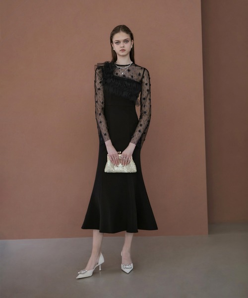 LEJA】フラワーモチーフアシンメトリーチュールマーメイド