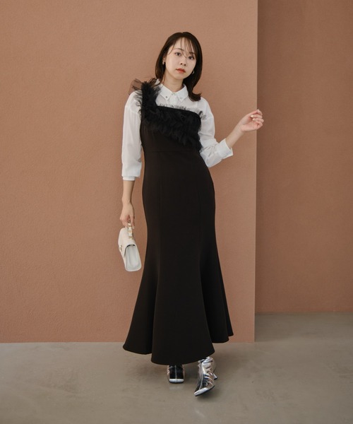 LEJAフラワーモチーフアシンメトリーマーメイドワンピースドレス Sサイズ LEJA】フラワーモチーフアシンメトリーチュールマーメイド