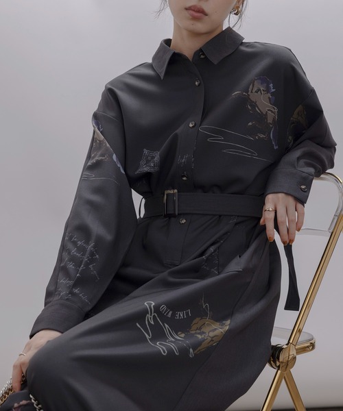 Eimee Law テキスト馬柄ptベルテッドシャツワンピース