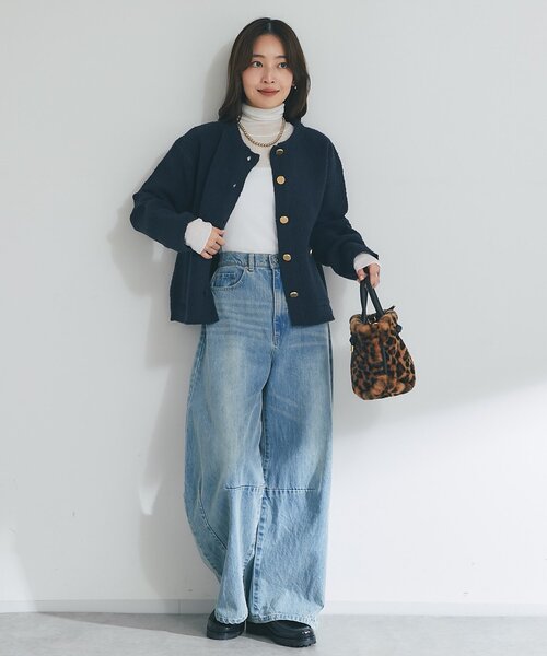 La boutique BonBon（ラブティックボンボン）の「【今すぐお届け！・程よいカジュアル感】ブークレ接結ニットジャケットカーディガン（ノーカラージャケット・レディース・ネイビー/ピンク/オフホワイト・FREE）」の8枚目の写真