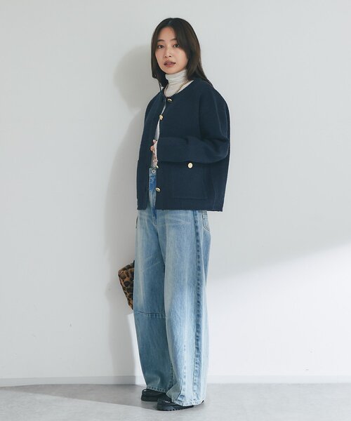 La boutique BonBon（ラブティックボンボン）の「【今すぐお届け！・程よいカジュアル感】ブークレ接結ニットジャケットカーディガン（ノーカラージャケット・レディース・ネイビー/ピンク/オフホワイト・FREE）」の9枚目の写真