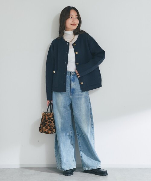 La boutique BonBon（ラブティックボンボン）の「【今すぐお届け！・程よいカジュアル感】ブークレ接結ニットジャケットカーディガン（ノーカラージャケット・レディース・ネイビー/ピンク/オフホワイト・FREE）」の11枚目の写真