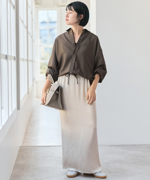 Spick & Span（スピックアンドスパン）の「《追加》ウールライクヘムギャザーシャツ（シャツ/ブラウス・レディース・グレー/ネイビー/モカ・FREE）」の4枚目の写真