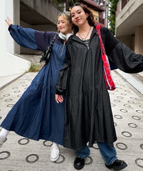 m:rex】ミニ恐竜ワッペンデニムドッキングワンピース（ワンピース