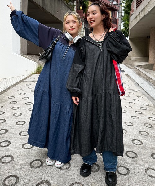 m:rex】ミニ恐竜ワッペンデニムドッキングワンピース（ワンピース