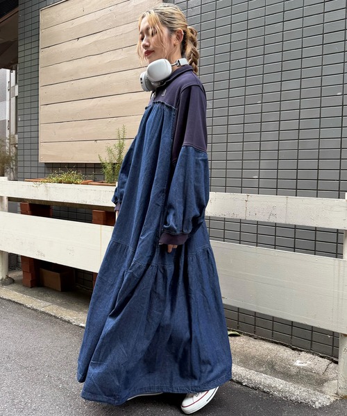 セール】【m:rex】ミニ恐竜ワッペンデニムドッキングワンピース