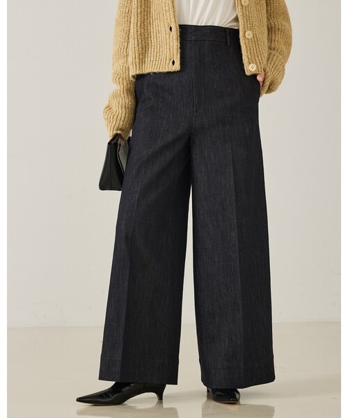 qualite(カリテ)の「トラウザーストレッチデニム/秋服/冬服/ワイドデニム/ハイウエスト(デニムパンツ・レディース・オフホワイト/ブルー・36/38)」の1枚目の写真