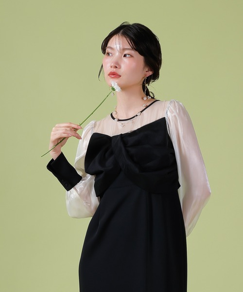 Kana（カナ）の「胸元リボン ビスチェ風 Iラインワンピースドレス オケージョン 結婚式 お呼ばれ（ドレス・レディース・ブラック/チャコールグレー/ブラウン・M/S）」の4枚目の写真