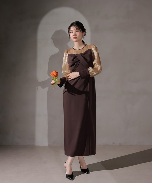 セール】胸元リボン ビスチェ風 Iラインワンピースドレス オケージョン