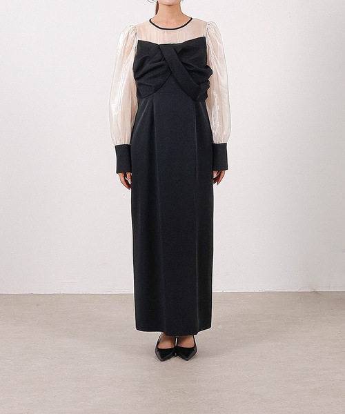 胸元リボン ビスチェ風 Iラインワンピースドレス オケージョン 結婚式