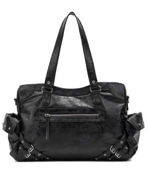 .KOM(ドットコム)の「A'GEM/9 × .kom 『.KOM/ドットケーオーエム』 Belted Faux Leather Tote Bag/ベルトデザイン エコレザートートバッグ(トートバッグ・レディース・ブラック・FREE)」の8枚目の写真