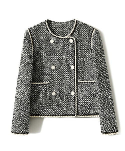 AMAJI(アマジ)の「パイピングダブルボタンノーカラーツイードジャケット(ノーカラージャケット・レディース・ブラック・MEDIUM/LARGE)」の8枚目の写真