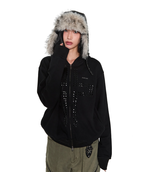 AAKAM(アーカム)の「Cross Rhinestone Zip-Up Hoodie (Black)(パーカー・レディース・その他・2/1)」の4枚目の写真