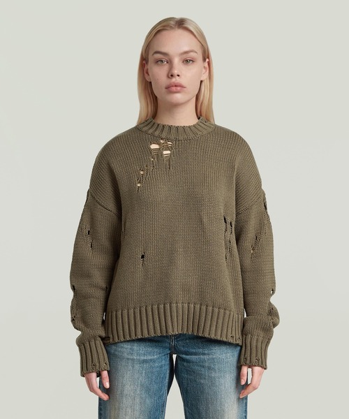 G-STAR(ジースター)の「【UNISEX】Drop Needle Loose Knit Pullover/ダメージ加工オーバーサイズニットセーター(ニット/セーター・レディース・ブラウン系その他/ベージュ系その他・SMALL/X-SMALL/MEDIUM)」の1枚目の写真