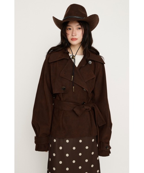 SLY（スライ）の「MICHIXSLY F/SUEDE S/TRENCH ミチスライフェイクスウェードショートトレンチ 冬服 春服（トレンチコート・レディース・ブラウン/ベージュ・FREE）」の4枚目の写真