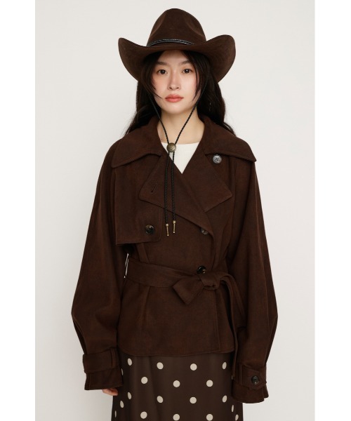 SLY（スライ）の「MICHIXSLY F/SUEDE S/TRENCH ミチスライフェイクスウェードショートトレンチ 冬服 春服（トレンチコート・レディース・ブラウン/ベージュ・FREE）」の5枚目の写真