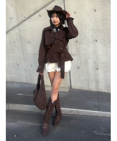 SLY（スライ）の「MICHIXSLY F/SUEDE S/TRENCH ミチスライフェイクスウェードショートトレンチ 冬服 春服（トレンチコート・レディース・ブラウン/ベージュ・FREE）」の16枚目の写真