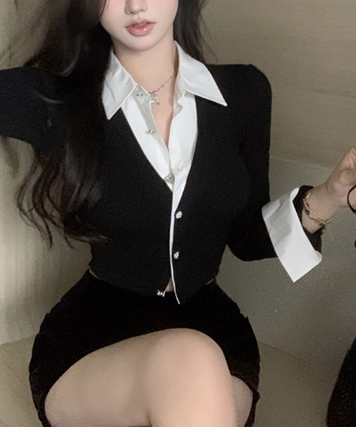 GLAMOROUS JANE（グラマラスジェーン）の「シャツレイヤード風ショート丈カーディガン（カーディガン/ボレロ・レディース・グレー/ブラック・FREE）」の11枚目の写真
