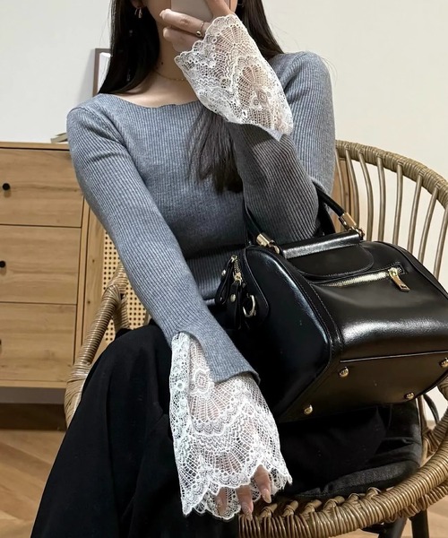 KOBE LETTUCE（コウベレタス）の「袖口レースリブニットトップス（ニット/セーター・レディース・アイボリー/ブラック/グレー/ベージュ/ピンク・M）」の3枚目の写真