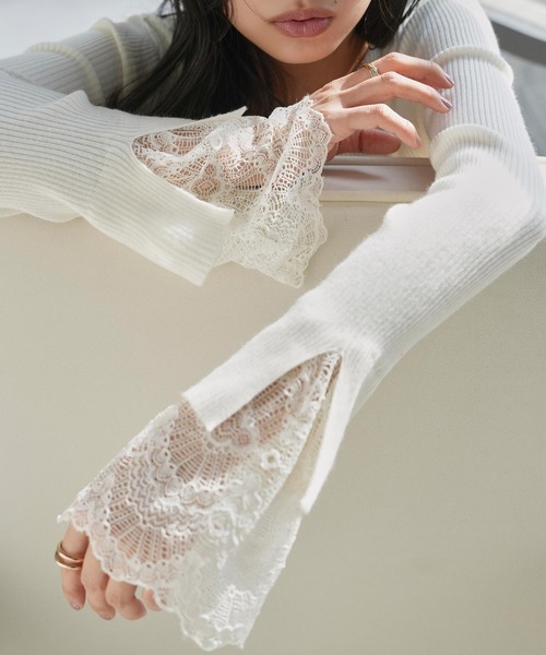 KOBE LETTUCE（コウベレタス）の「袖口レースリブニットトップス（ニット/セーター・レディース・アイボリー/ブラック/グレー/ベージュ/ピンク・M）」の18枚目の写真