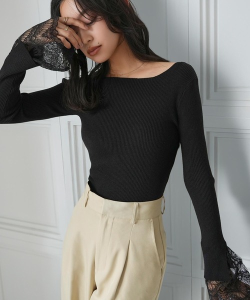 KOBE LETTUCE（コウベレタス）の「袖口レースリブニットトップス（ニット/セーター・レディース・アイボリー/ブラック/グレー/ベージュ/ピンク・M）」の16枚目の写真
