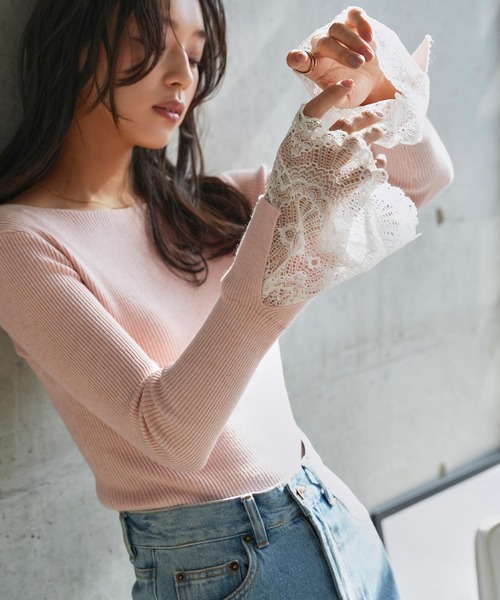 KOBE LETTUCE（コウベレタス）の「袖口レースリブニットトップス（ニット/セーター・レディース・アイボリー/ブラック/グレー/ベージュ/ピンク・M）」の12枚目の写真