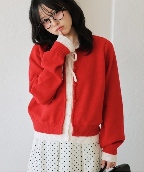 kutir（クティール）の「レイヤード風 配色リボンカーディガン（カーディガン/ボレロ・レディース・ネイビー/レッド/ライトブルー・FREE）」の3枚目の写真