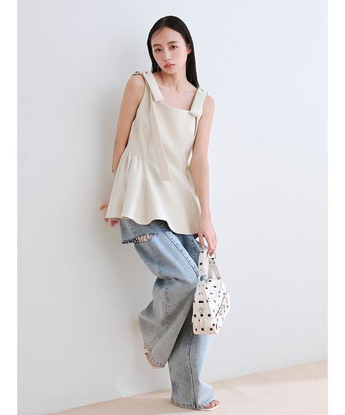 FRAY I.D（フレイアイディー）の「【WEB限定】リボンペプラムトップス／ウォッシャブル（Tシャツ/カットソー・レディース・アイボリー/マルチ/グレー・1/0）」の5枚目の写真