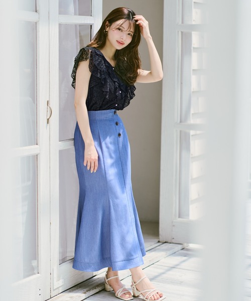 MISCH MASCH（ミッシュマッシュ）の「2026春夏新作 シアーレースラッフルフリルブラウス（シャツ/ブラウス・レディース・イエロー/グリーン/ホワイト/ブラック/アイボリー・ﾌﾘ-）」の7枚目の写真