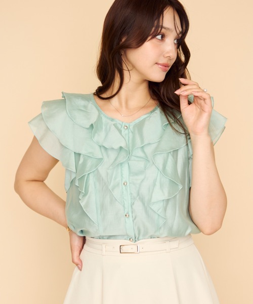 MISCH MASCH（ミッシュマッシュ）の「2026春夏新作 シアーレースラッフルフリルブラウス（シャツ/ブラウス・レディース・イエロー/グリーン/ホワイト/ブラック/アイボリー・ﾌﾘ-）」の10枚目の写真