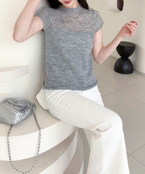 Jasmine Grandiflorum(ジャスミングランディフローラム)の「【Jasmine】透かし編みニット半袖プルオーバー (SS)(ニット/セーター・レディース・ライトグレー/ホワイト・FREE)」の8枚目の写真