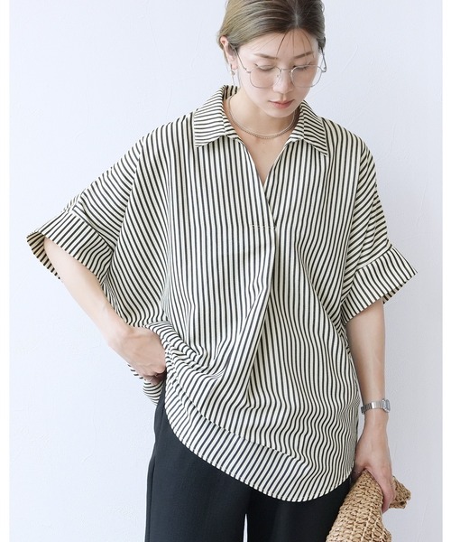 セール】エンボス加工スキッパーブラウス（シャツ/ブラウス）｜reca